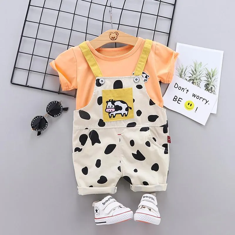 2pcs Fashion Cow Print T-shirt and Jumpsuits