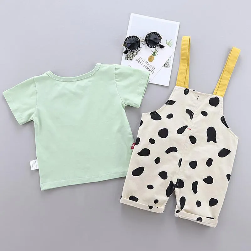 2pcs Fashion Cow Print T-shirt and Jumpsuits