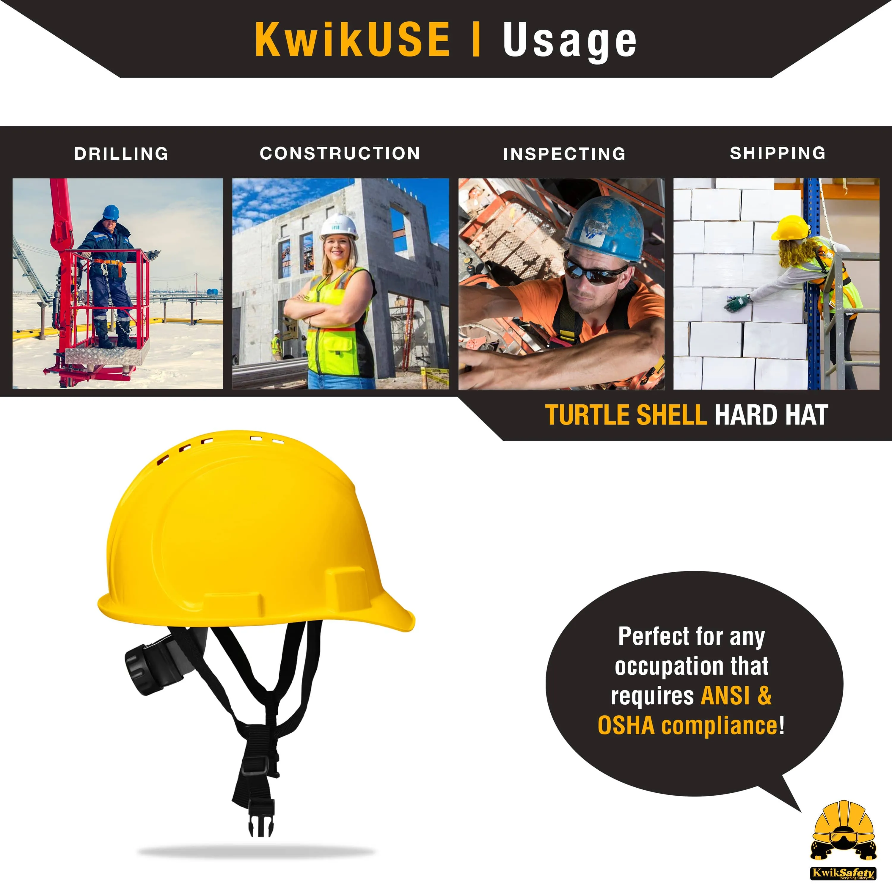 KwikSafety YELLOW TURTLE SHELL Hard Hat (10 COOLING VENTS) Type 1 Class C ANSI Tested OSHA Compliant Standard Cap Style PPE - Model No.: KS1601