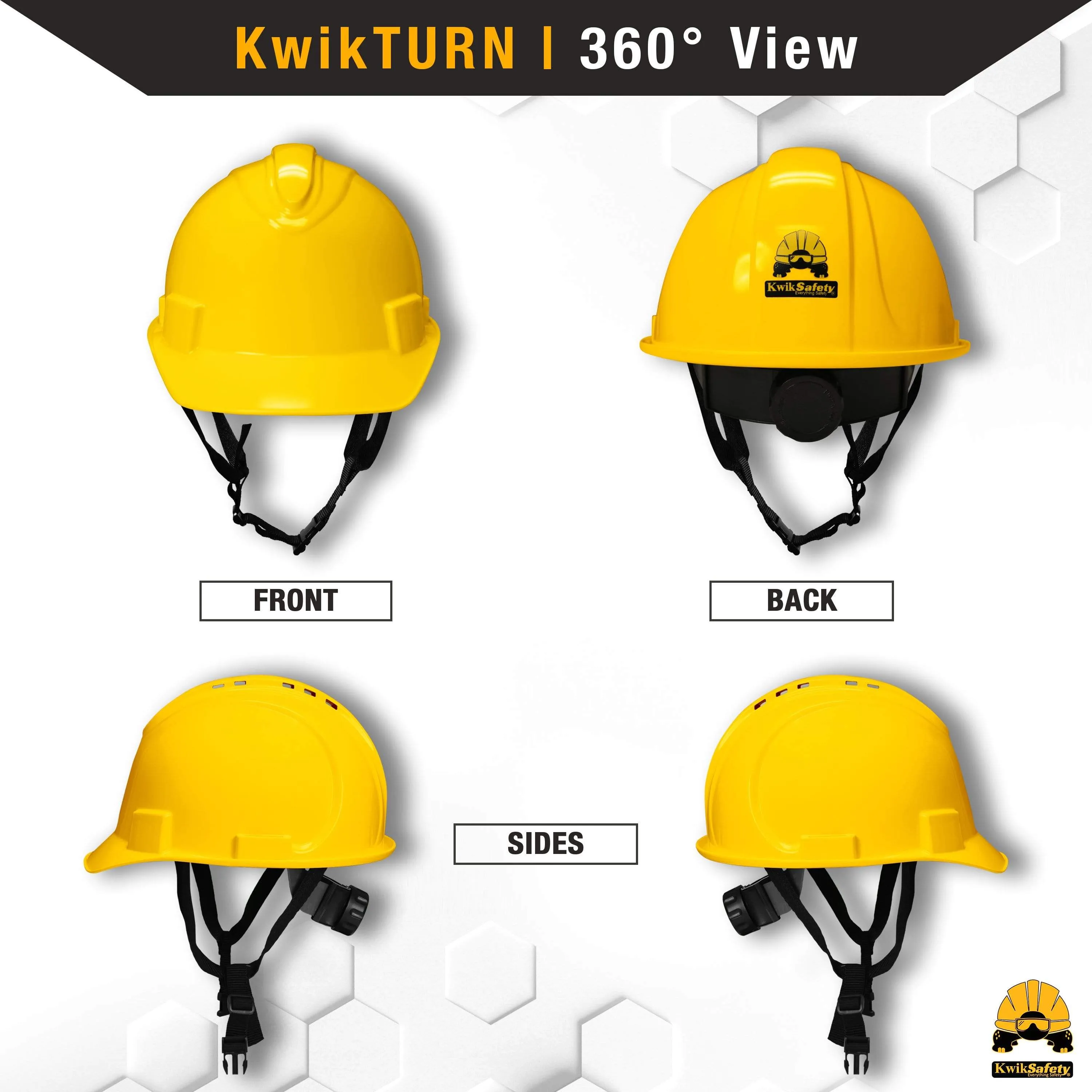 KwikSafety YELLOW TURTLE SHELL Hard Hat (10 COOLING VENTS) Type 1 Class C ANSI Tested OSHA Compliant Standard Cap Style PPE - Model No.: KS1601