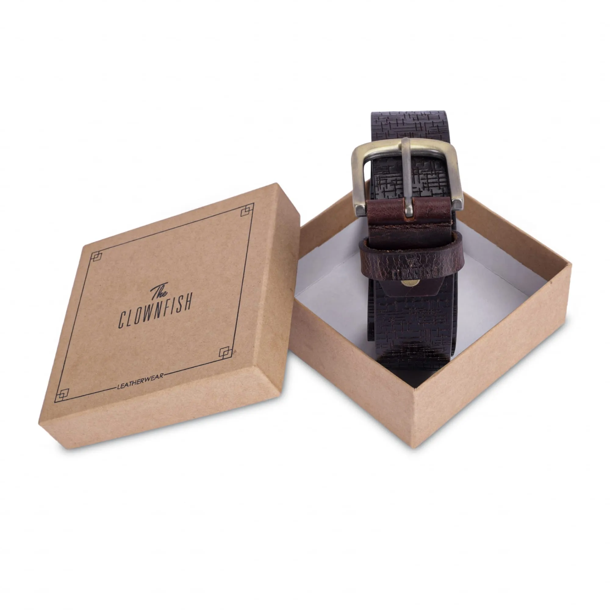 THE CLOWNFISH Men's Genuine Leather Belt with Textured Design- Brown (Size-32 inches)